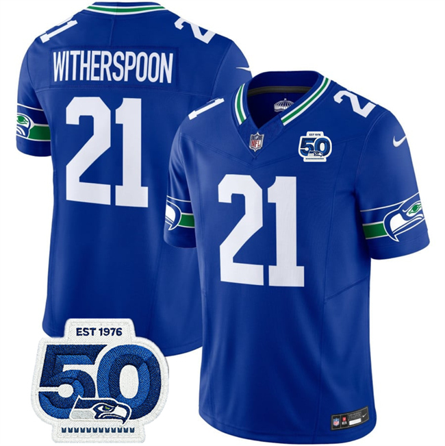 Men's Seattle Seahawks #21 Devon Witherspoon Royal 2025 F.U.S.E 50th Anniversary Patch Throwback Vapor Limited Stitched Football Jersey